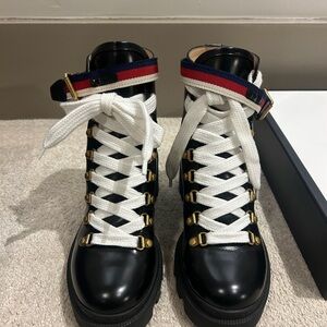 Gucci Black Boots with White Laces and Red Blue Straps